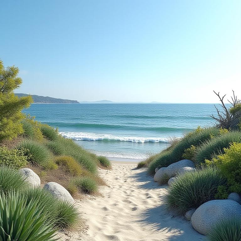 A beautiful coastal garden with salt-tolerant plants and rocks near the ocean