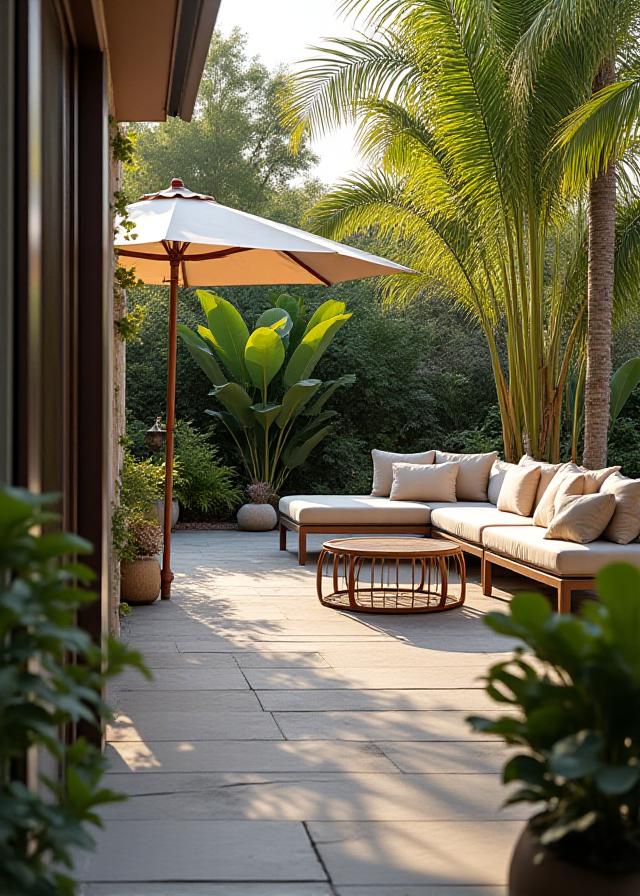 A serene backyard oasis featuring elegant stone pavers, comfortable outdoor furniture, and a tranquil setting surrounded by vibrant palm trees