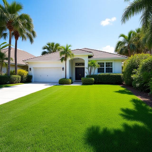 Immaculate front yard in Jupiter featuring lush St Augustine grass and carefully placed tropical plants