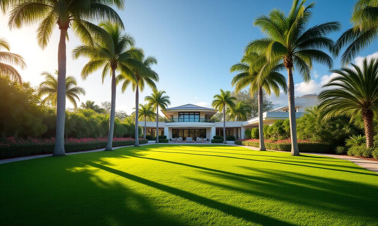 Pristine green lawn with palm trees in a Jupiter, Florida residential neighborhood