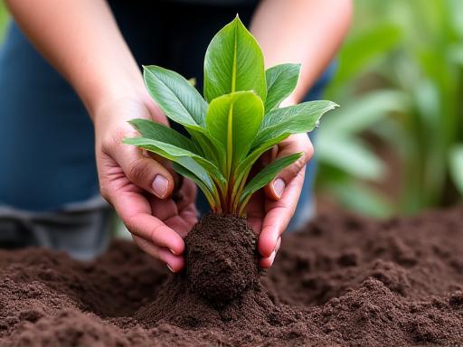 Skilled landscape technician planting new tropical foliage