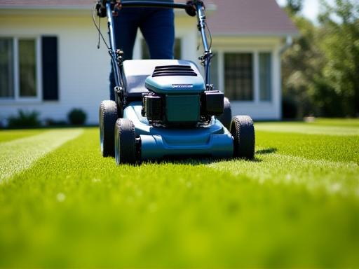 Lawn care professional precisely mowing a residential lawn