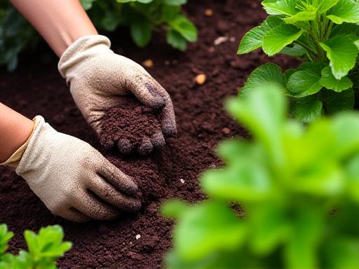 Applying fresh, rich mulch to a garden bed for moisture retention