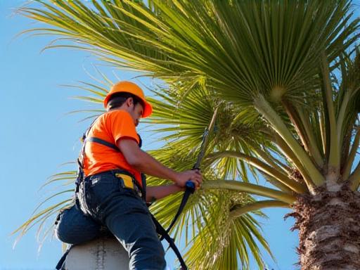 Careful trimming of dead fronds from a mature palm tree