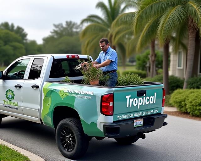 Tropical Landscaping team member loading equipment onto a branded truck